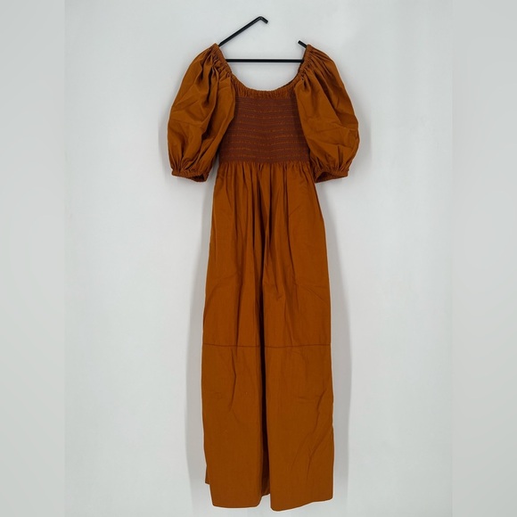 La Ligne Daisy Puff Sleeve Smocked Bodice Poplin Midi Dress In Burnt Orange - Picture 6 of 6